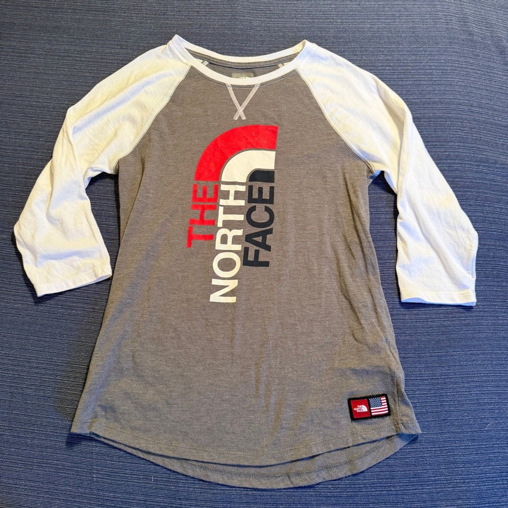 The North Face Girls Raglan Baseball Tee Grey White 3/4 Sleeve Size L 14/16